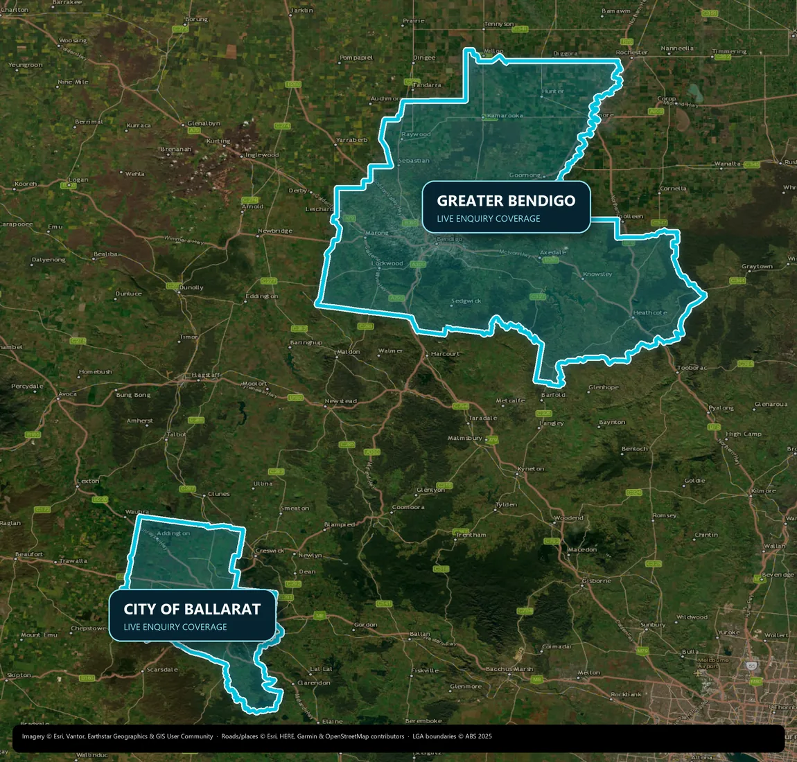 Satellite-style map showing live Pool Letter Help coverage in Greater Bendigo and the City of Ballarat